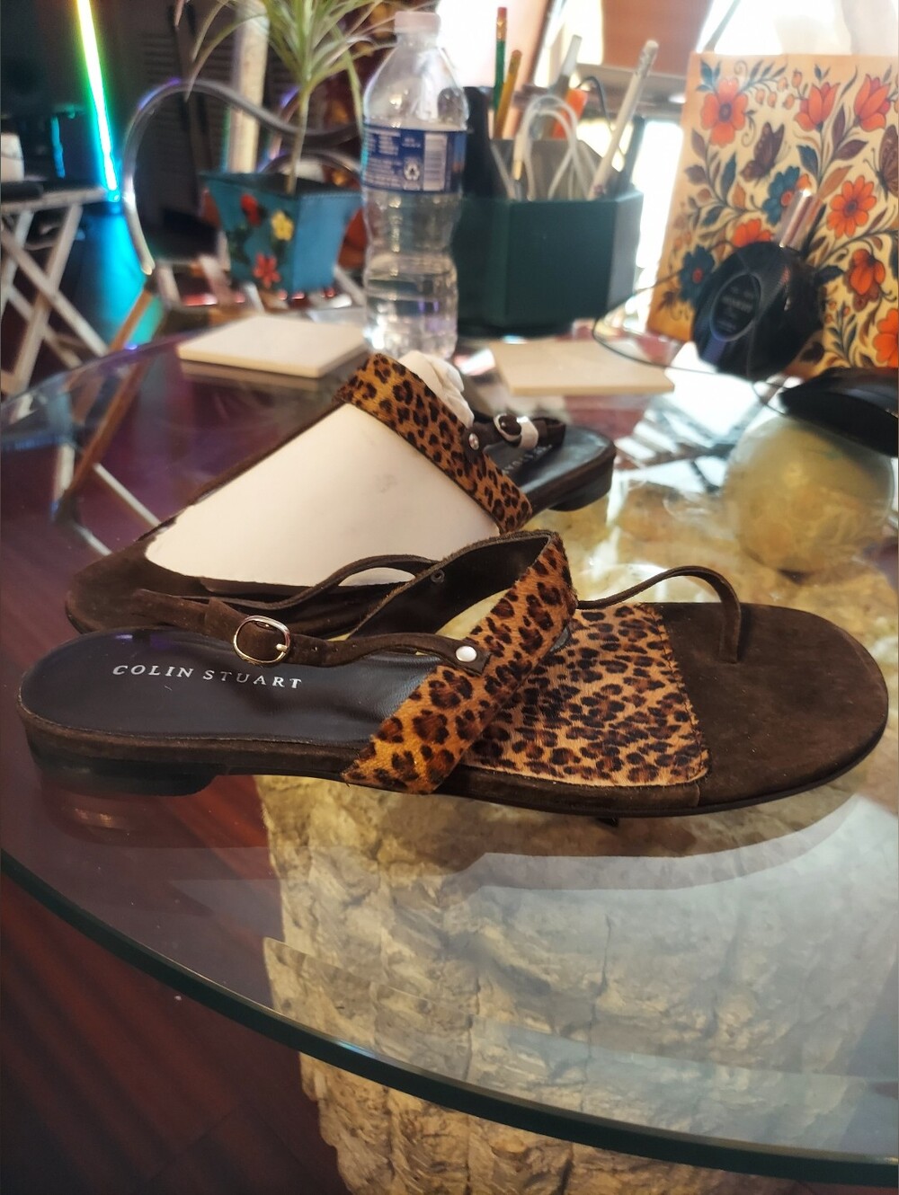 Colin Stuart Leather Leopard Print Slide Sandals - Black & Brown